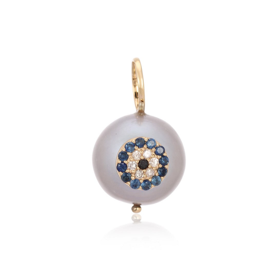 14K Yellow Gold Gray Pearl Evil Eye Pendant with Diamonds & Blue Sapphires