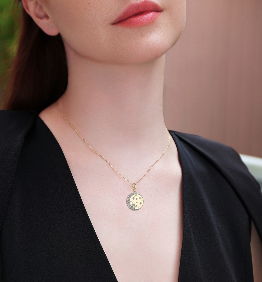 14K Yellow Gold 0.50 CTW Diamond Moon & Star Disc Pendant