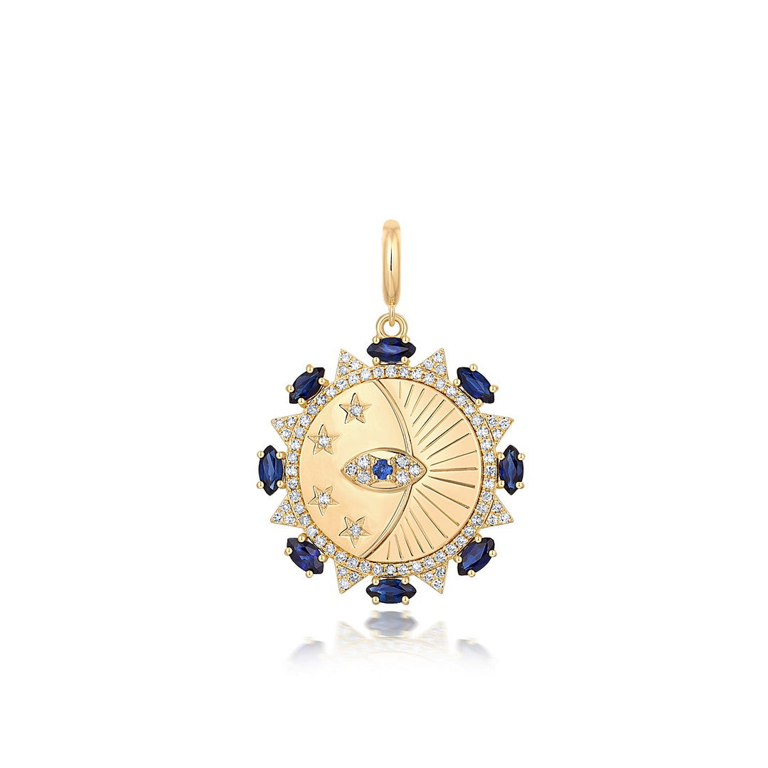 14K Yellow Gold Diamond & Blue Sapphire Celestial Medallion Pendant