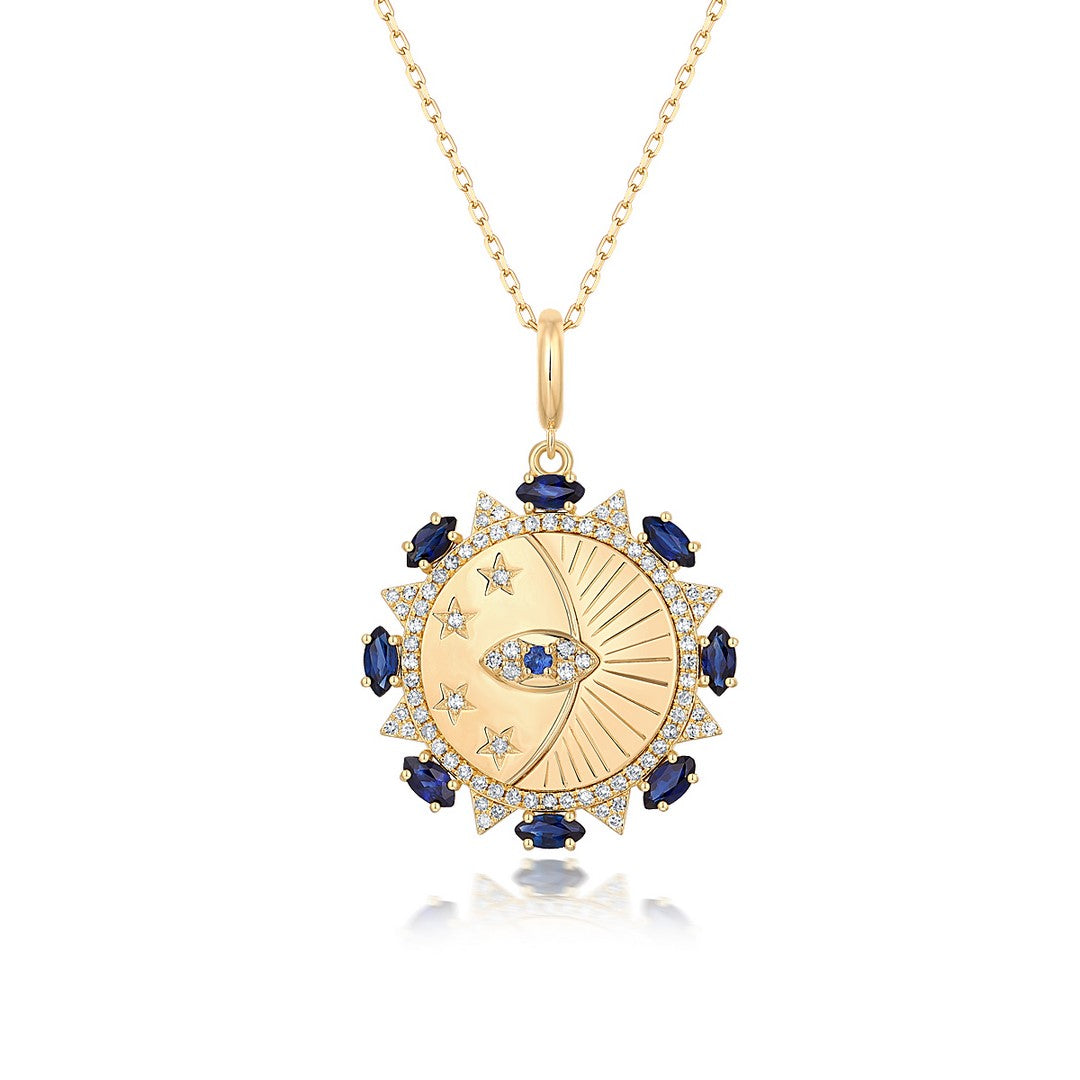 14K Yellow Gold Diamond & Blue Sapphire Celestial Medallion Pendant