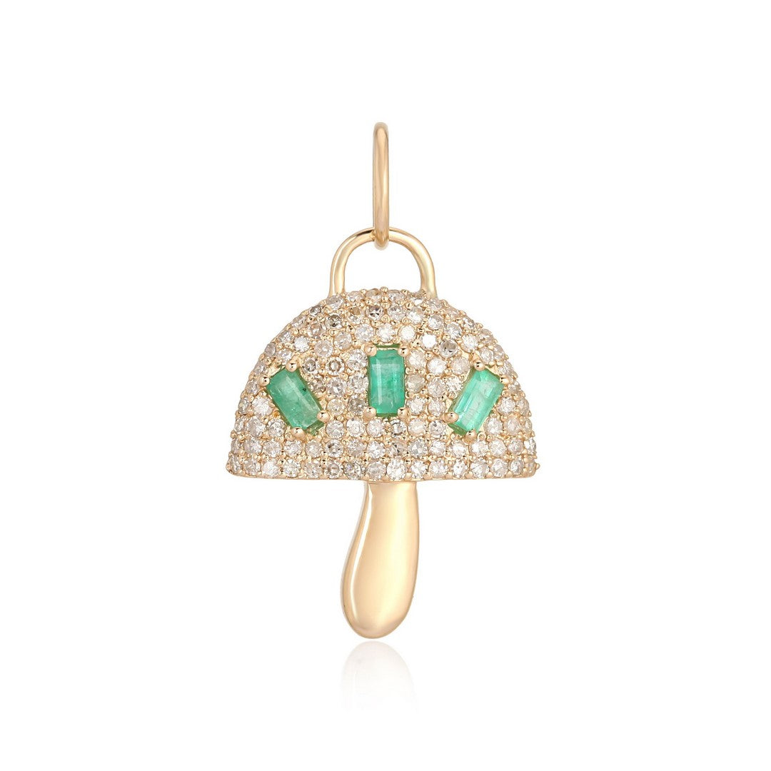 Diamond and Emerald Mushroom Pendant in 14K Gold