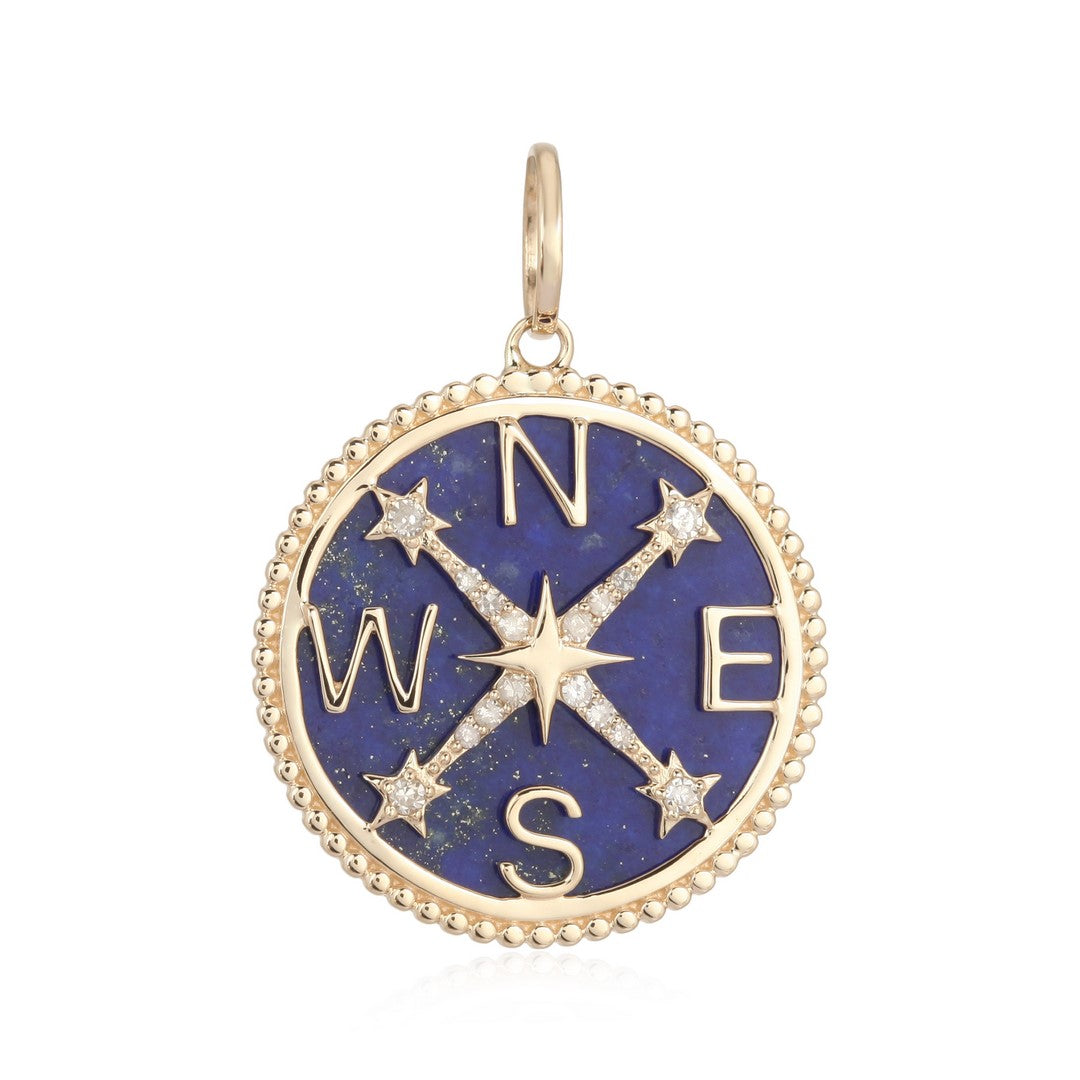 Compass Lapis and Diamond Medallion Pendant in 14K Gold