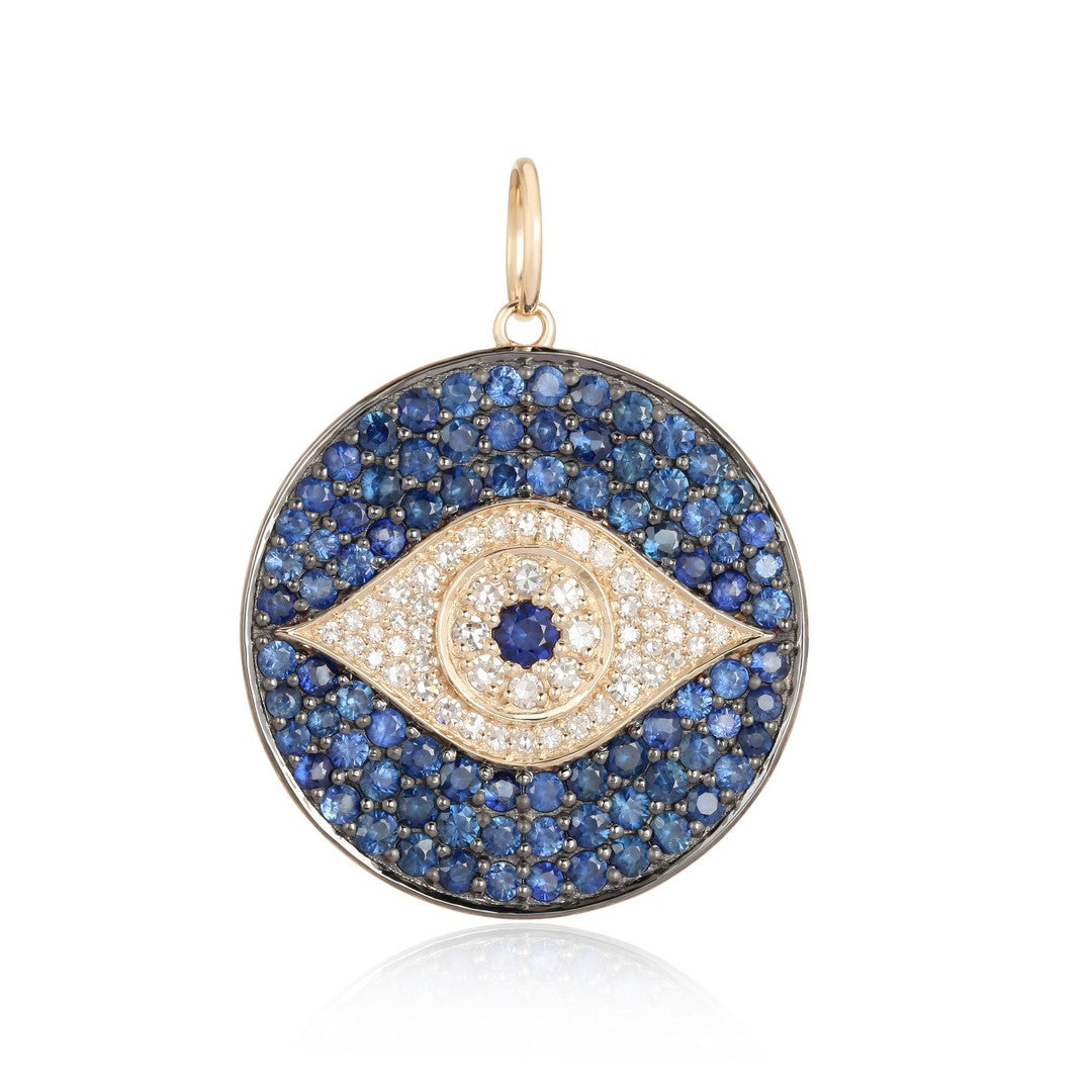 Evil Eye Sapphire and Diamond Medallion Pendant in 14K Gold