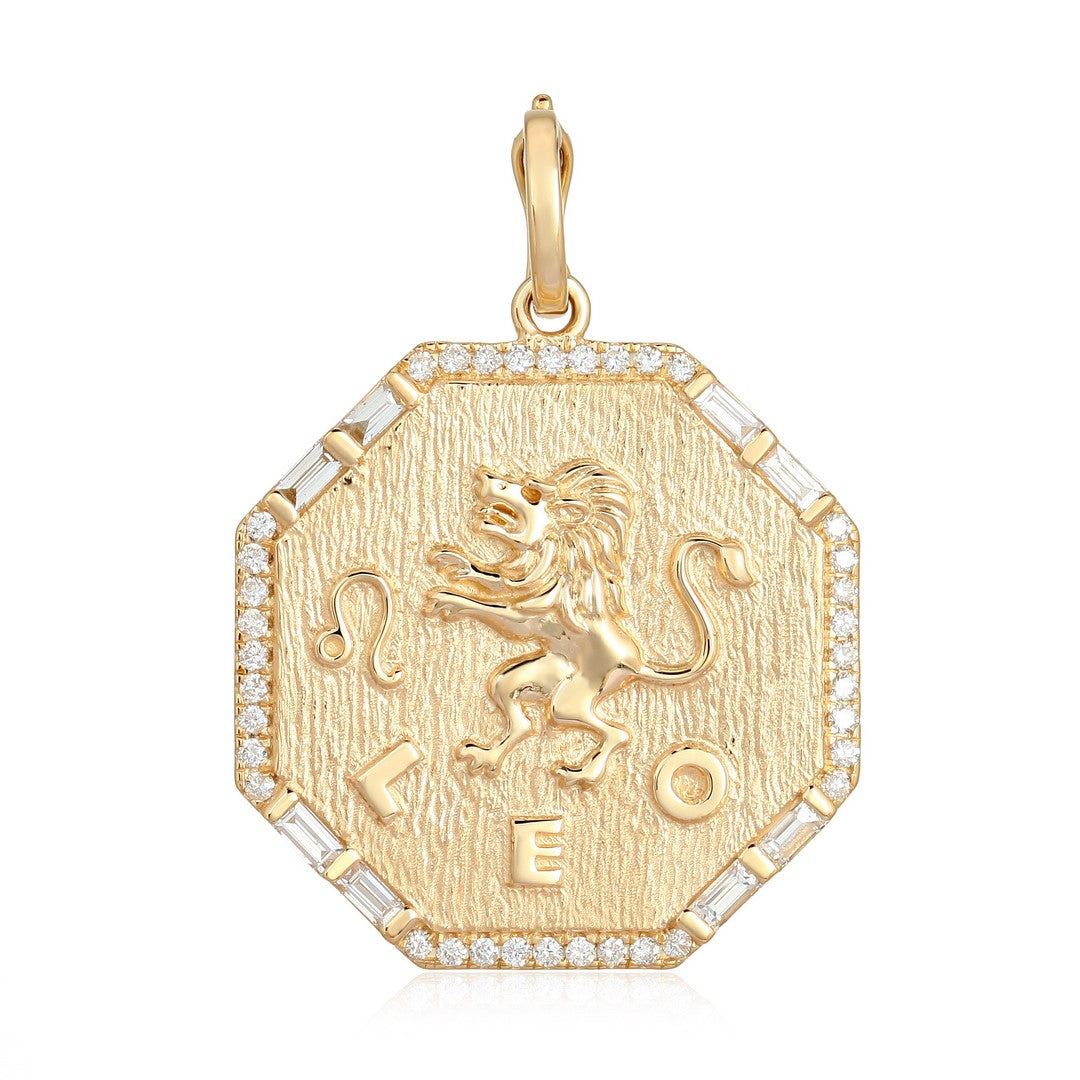 14K Yellow Gold Leo Zodiac Lion Pendant with Diamond Halo