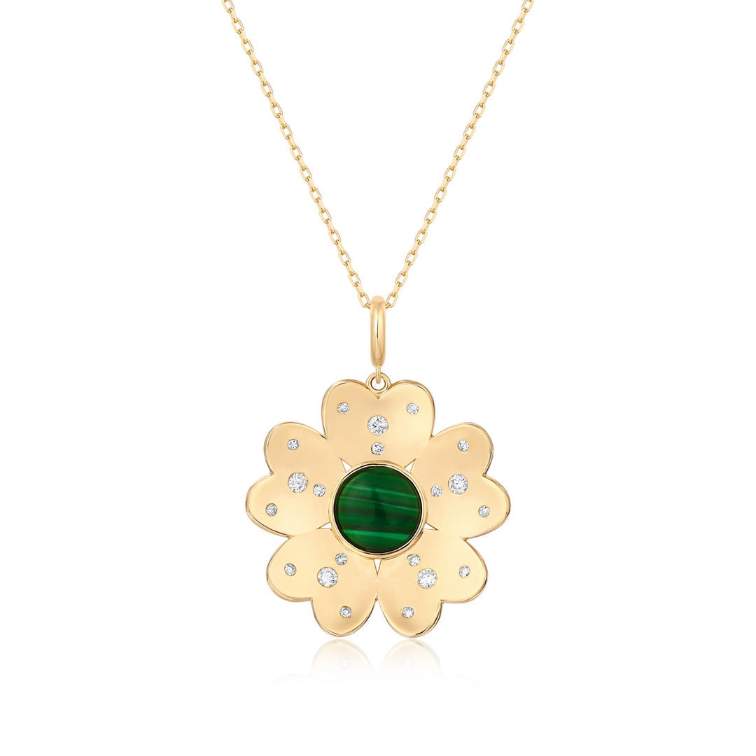 14K Yellow Gold Malachite Flower Pendant Necklace with Diamond Accents