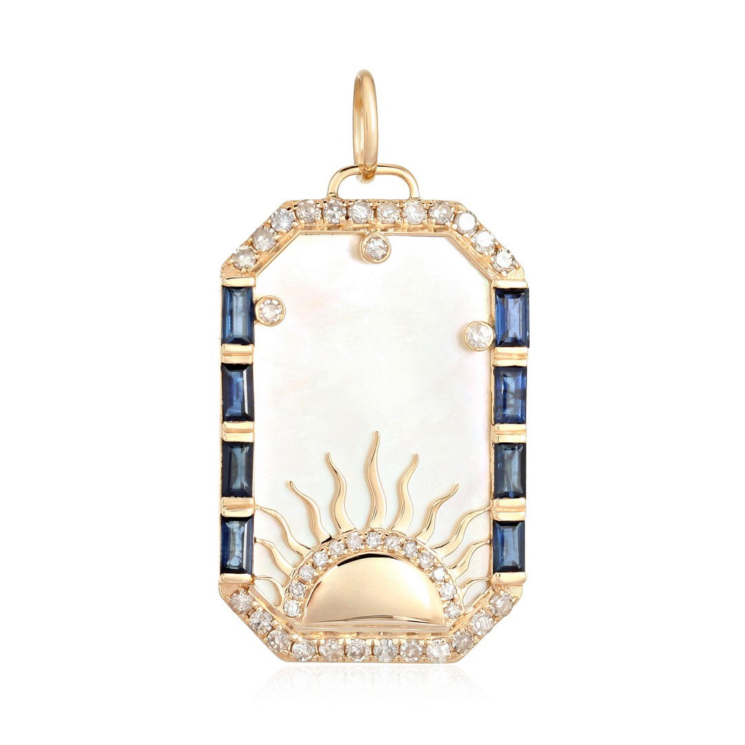 14K Yellow Gold Mother-of-Pearl Sunburst Pendant with Blue Sapphires & Diamond Halo