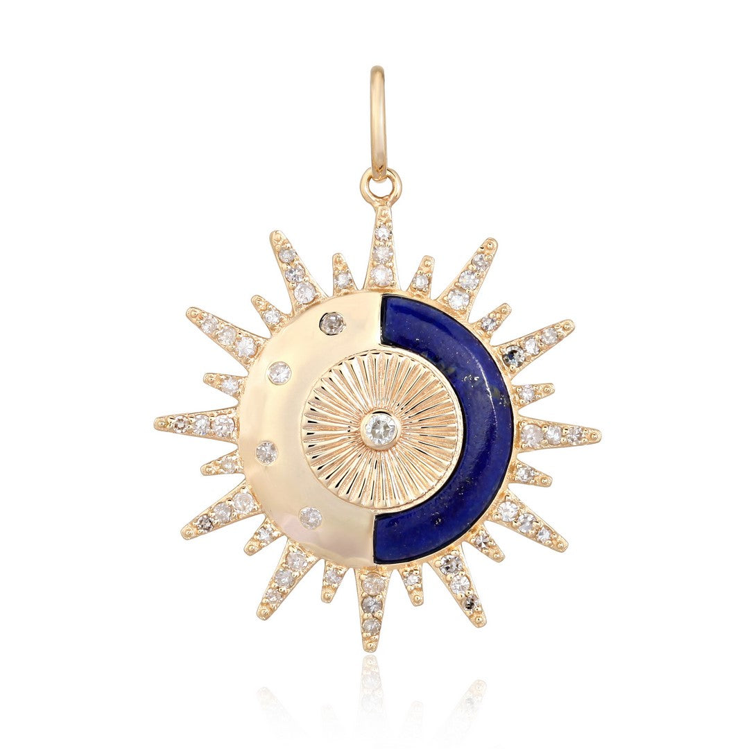 14K Yellow Gold Lapis Lazuli Crescent Moon and Sunburst Pendant with Diamond Halo