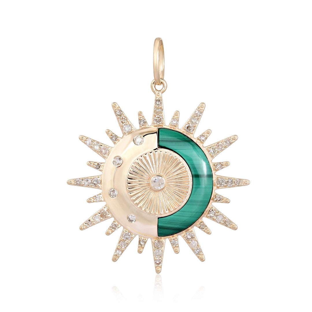 14K Yellow Gold Lapis Lazuli Crescent Moon and Sunburst Pendant with Diamond Halo
