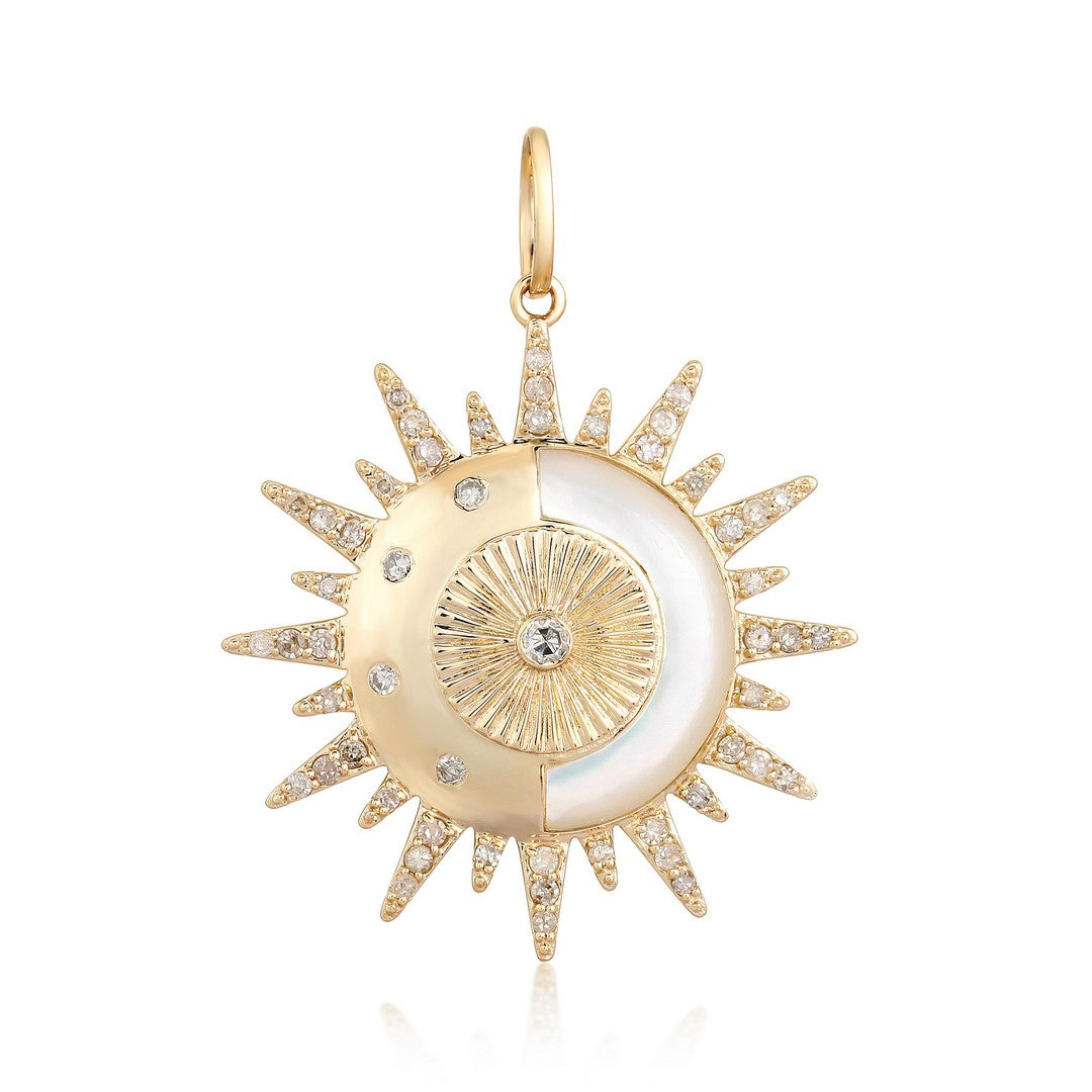 14K Yellow Gold Lapis Lazuli Crescent Moon and Sunburst Pendant with Diamond Halo