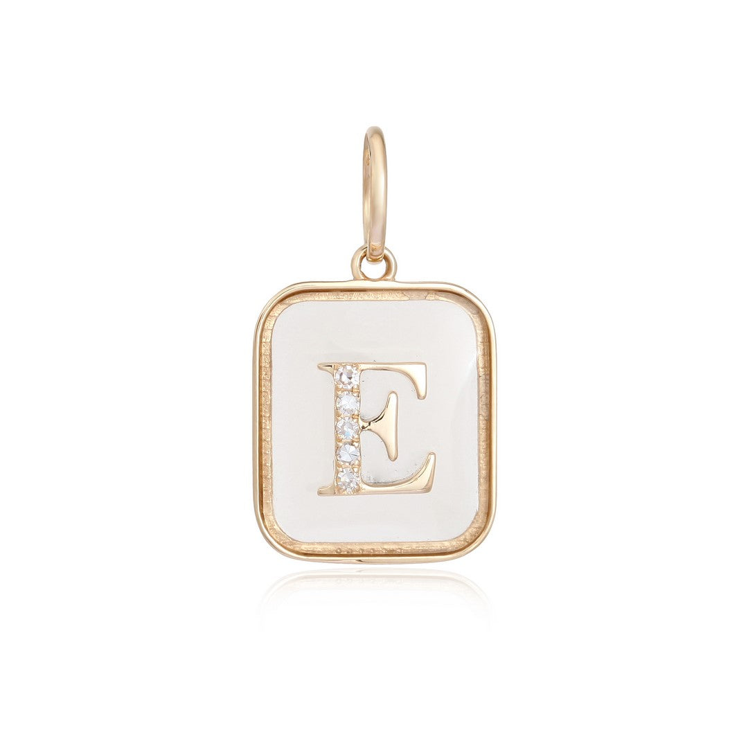 Mother of Pearl & Diamond "E" Initial Pendant in 14K Yellow Gold