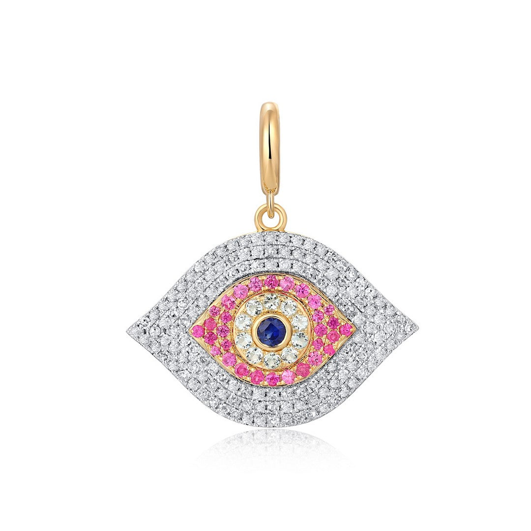 Multicolor Gemstone & Diamond Evil Eye Pendant in 14K Yellow Gold