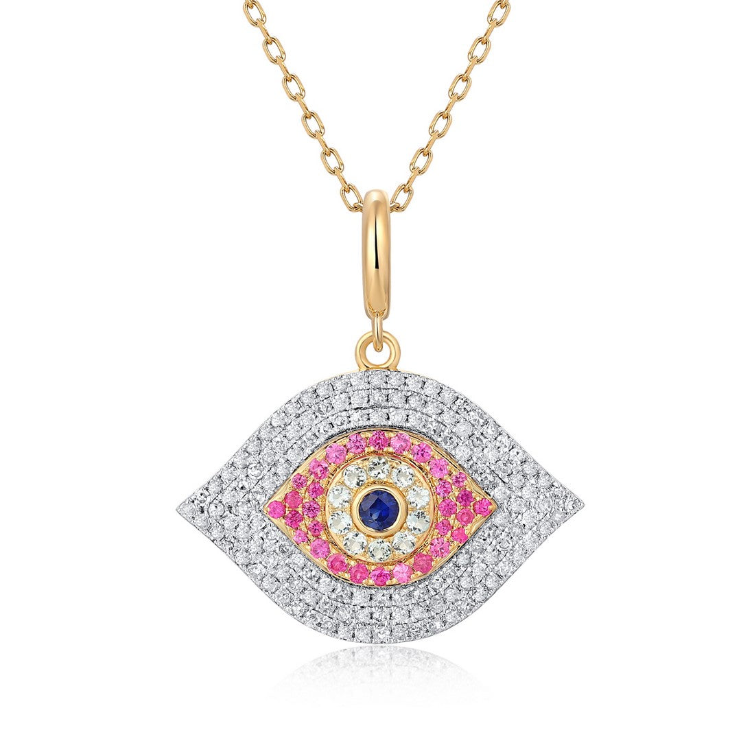 Multicolor Gemstone & Diamond Evil Eye Pendant in 14K Yellow Gold