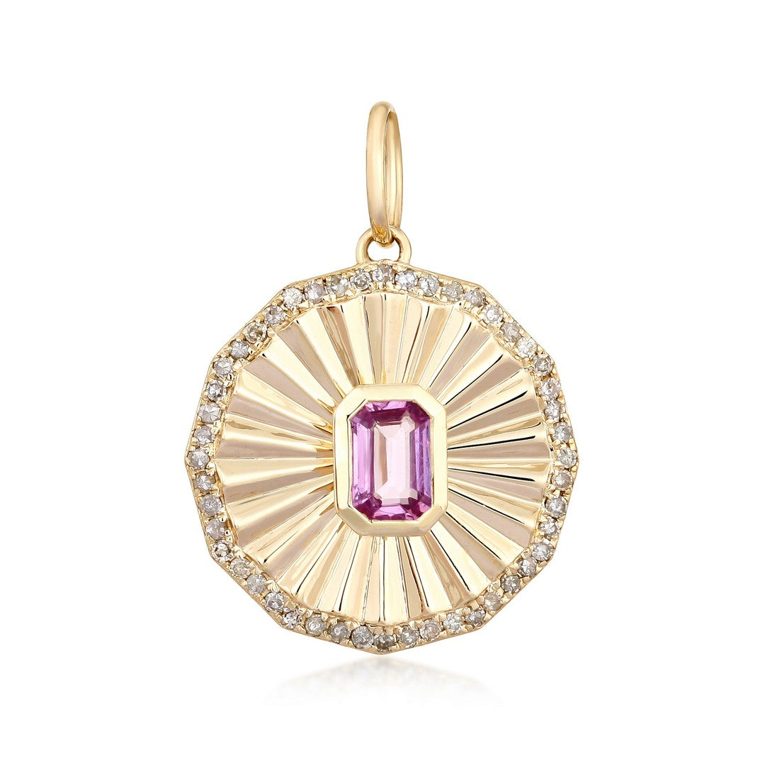 14K Yellow Gold Emerald & Diamond Sunburst Pendant Charm
