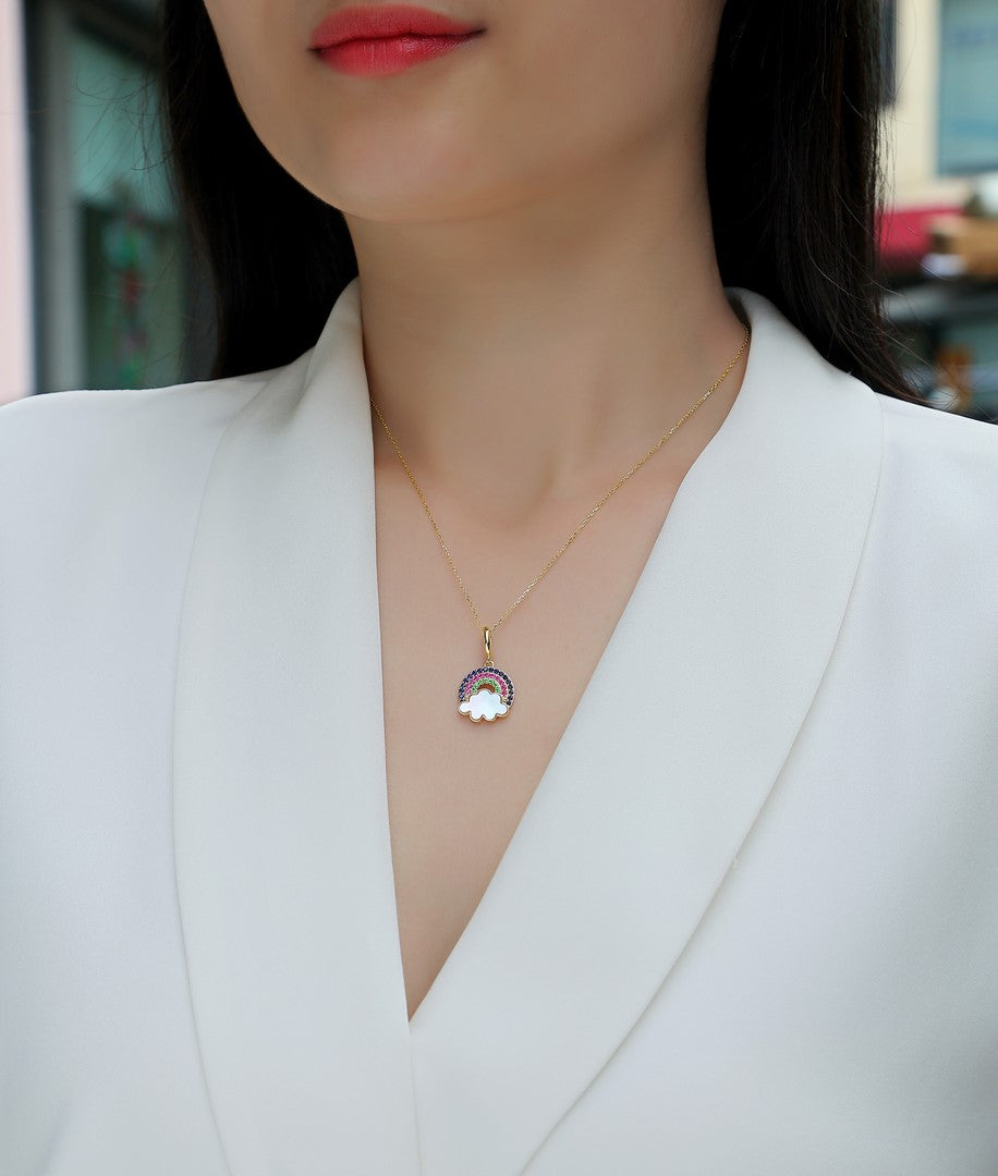 14K Yellow Gold Mother of Pearl & Multi-Gemstone Pendant - Sapphire Tsavorite