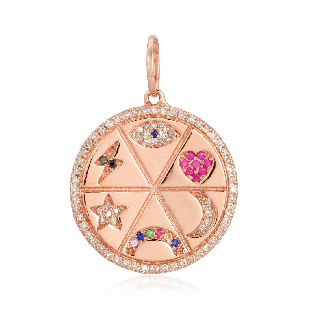 Rose Gold Multi-Symbol Medallion Pendant with Gemstones and Diamond Halo