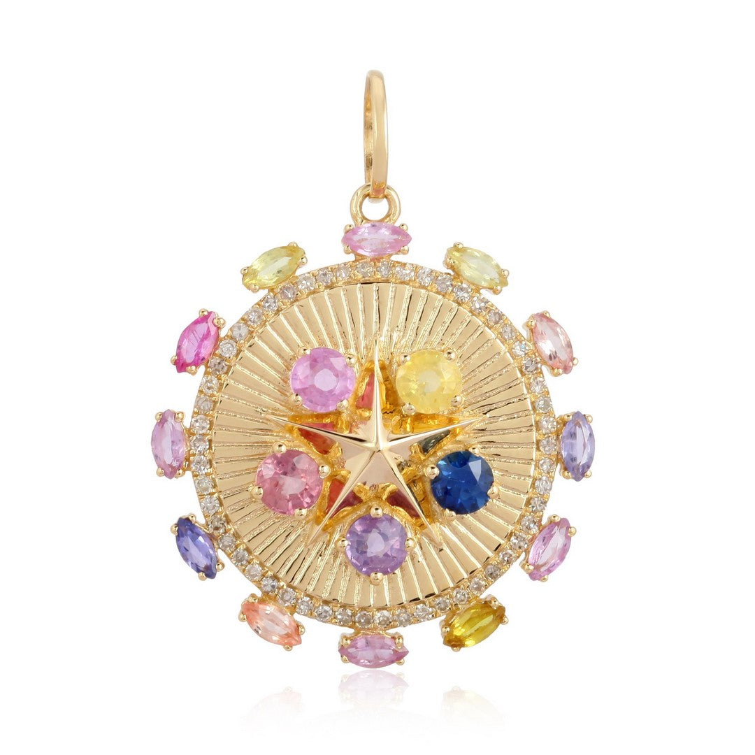 Starburst Gemstone Medallion Pendant with Diamond Halo in 14K Yellow Gold