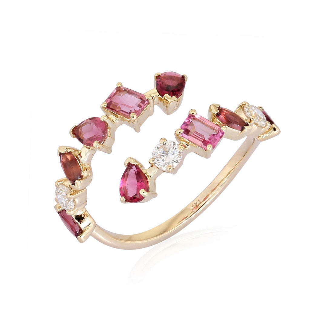 14k Yellow Gold Pink Gemstone & Diamond Multi-Shape Open Ring