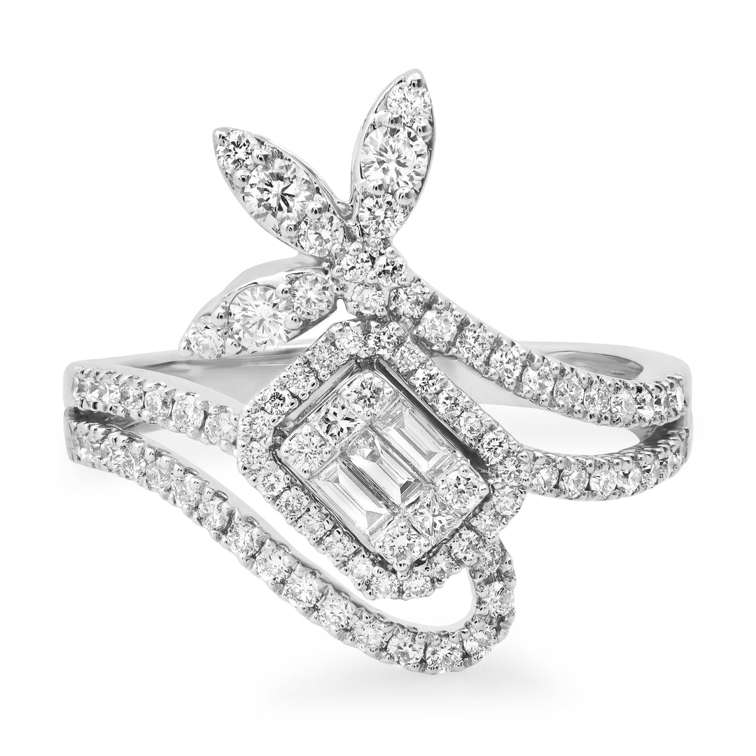 White gold ring set with square baguette diamond cluster and leaf-shaped diamond accents on a white background