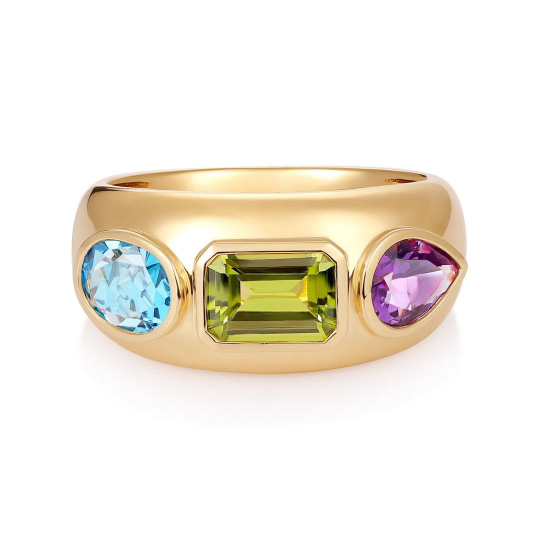 14K Yellow Gold Multi-Gemstone Ring - Blue Topaz, Peridot & Amethyst