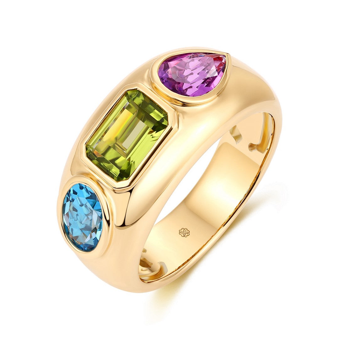 14K Yellow Gold Multi-Gemstone Ring - Blue Topaz, Peridot & Amethyst