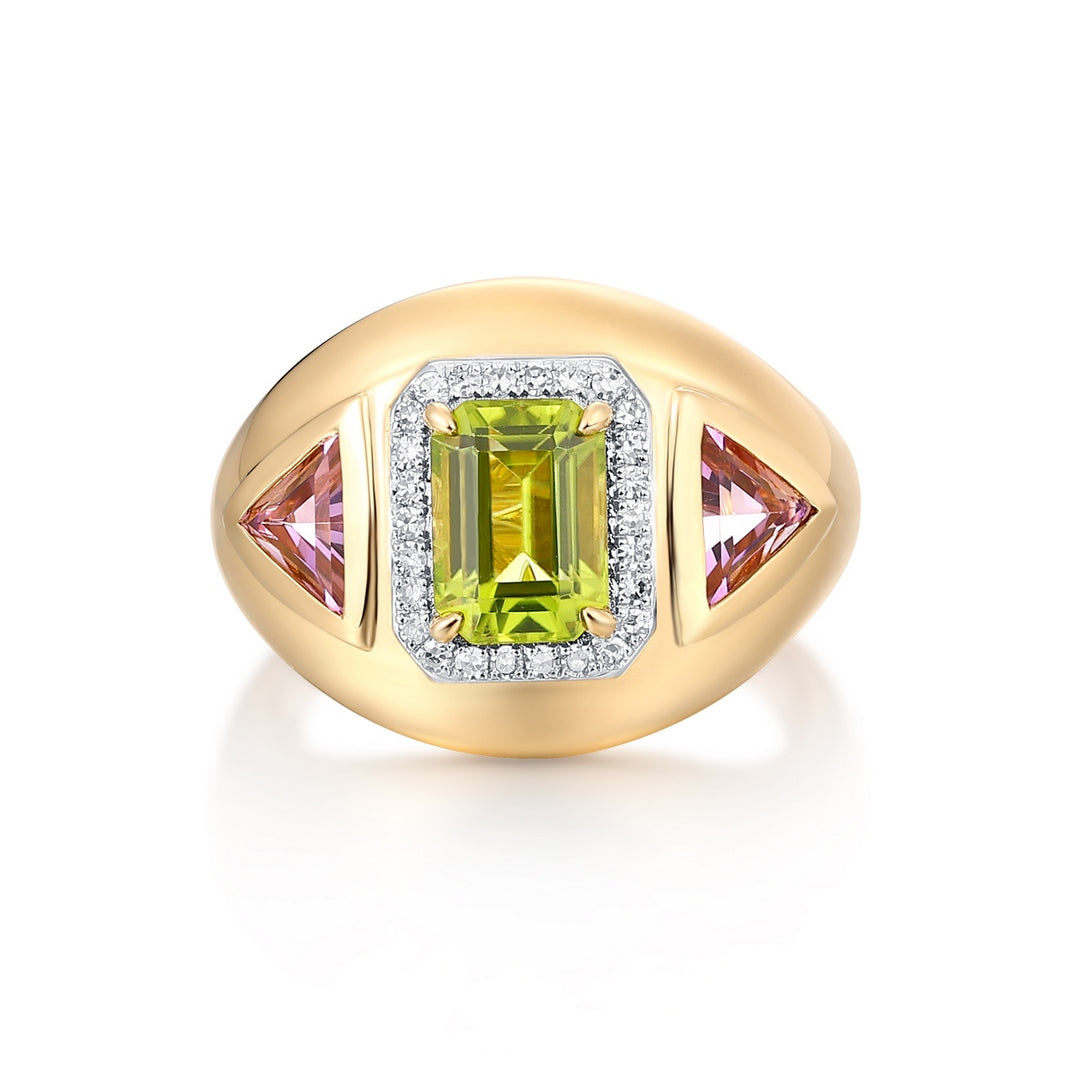 Elegant 14K Yellow Gold Multi-Gemstone Ring - Diamond, Peridot & Amethyst