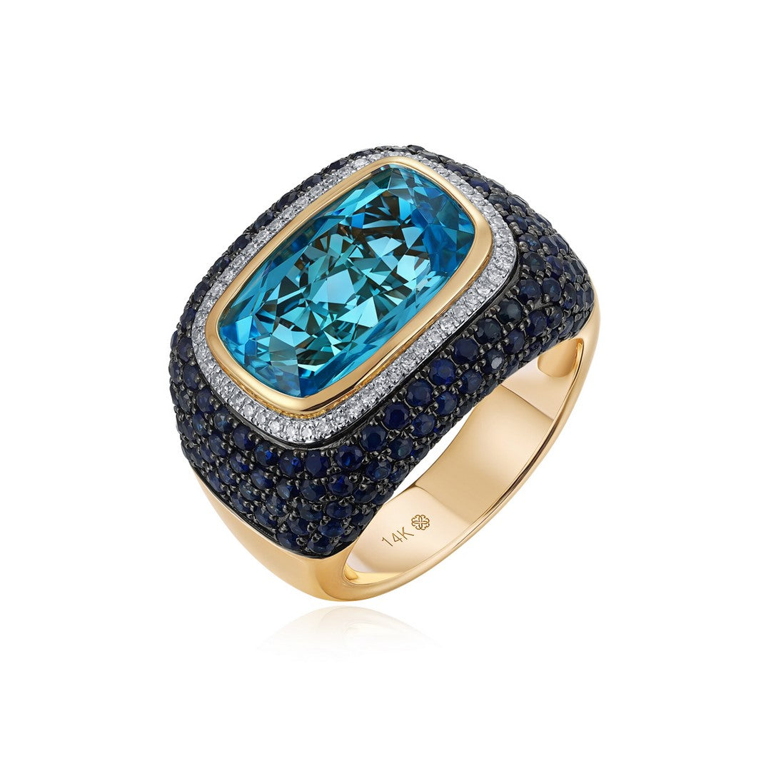 14K Yellow Gold 7.75 CT Blue Topaz & 2.35 CTW Sapphire Diamond Ring