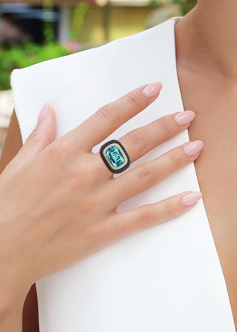 14K Yellow Gold 7.75 CT Blue Topaz & 2.35 CTW Sapphire Diamond Ring