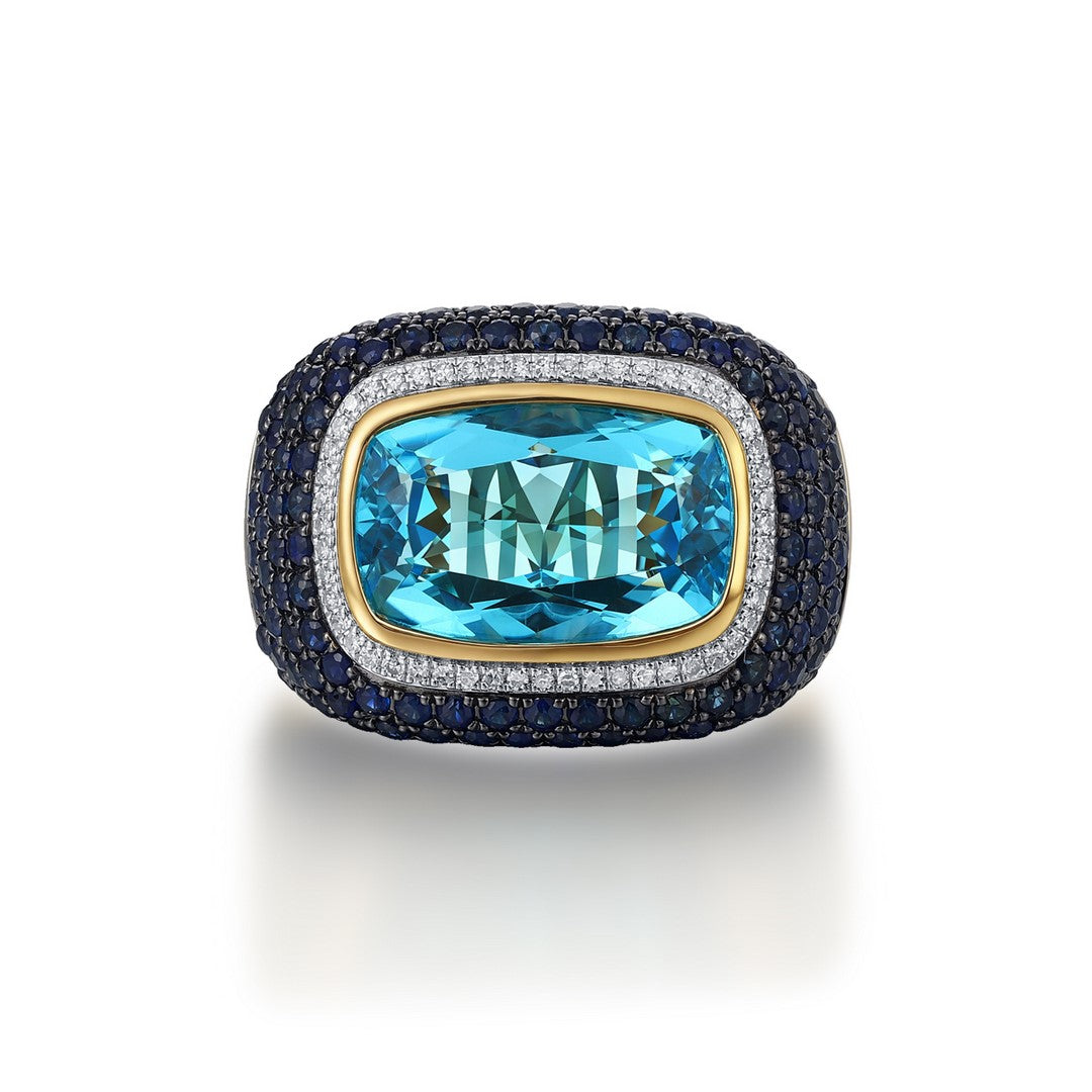 14K Yellow Gold 7.75 CT Blue Topaz & 2.35 CTW Sapphire Diamond Ring