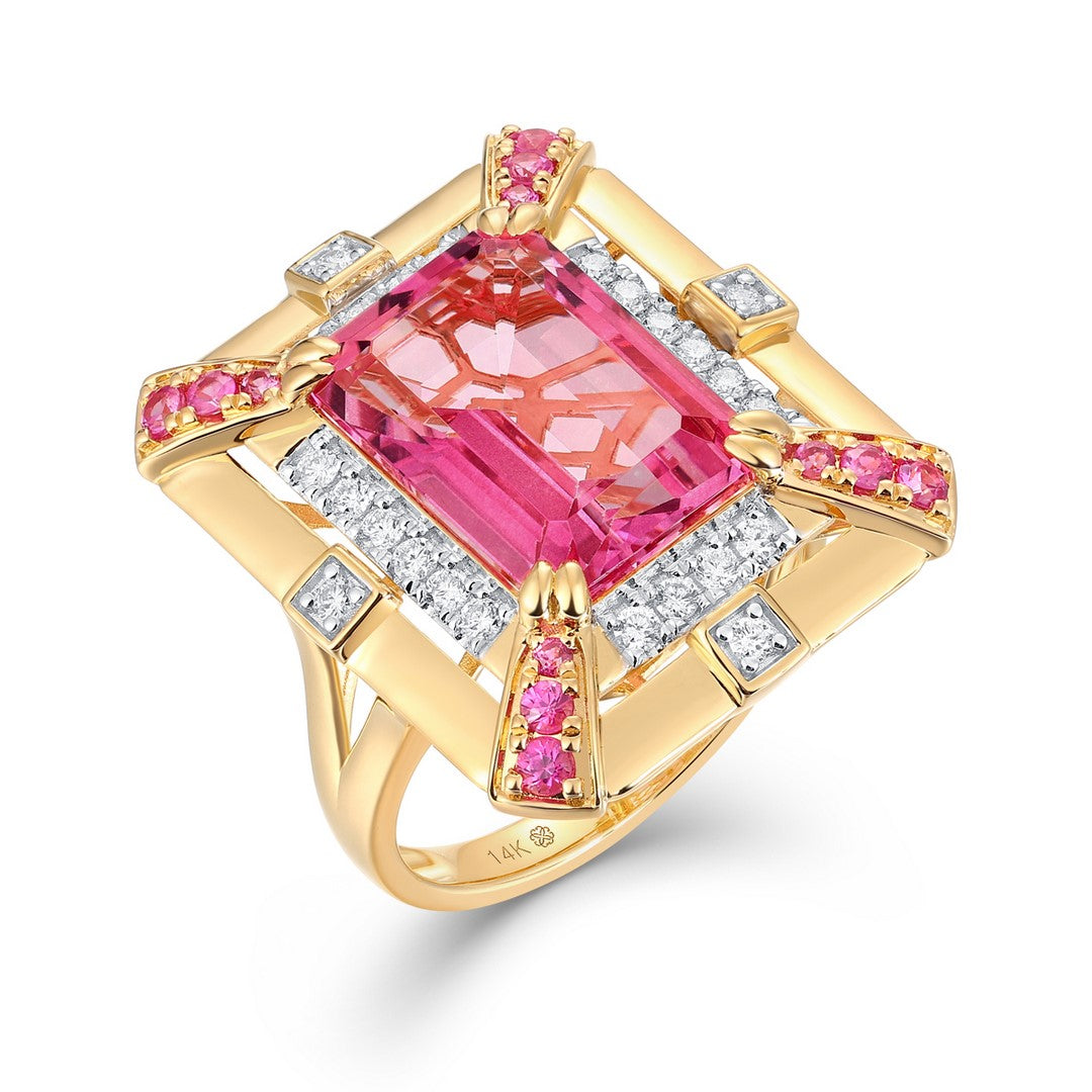 18K Yellow Gold 8.65 CT Pink Tourmaline, Pink Sapphire & Diamond Statement Ring