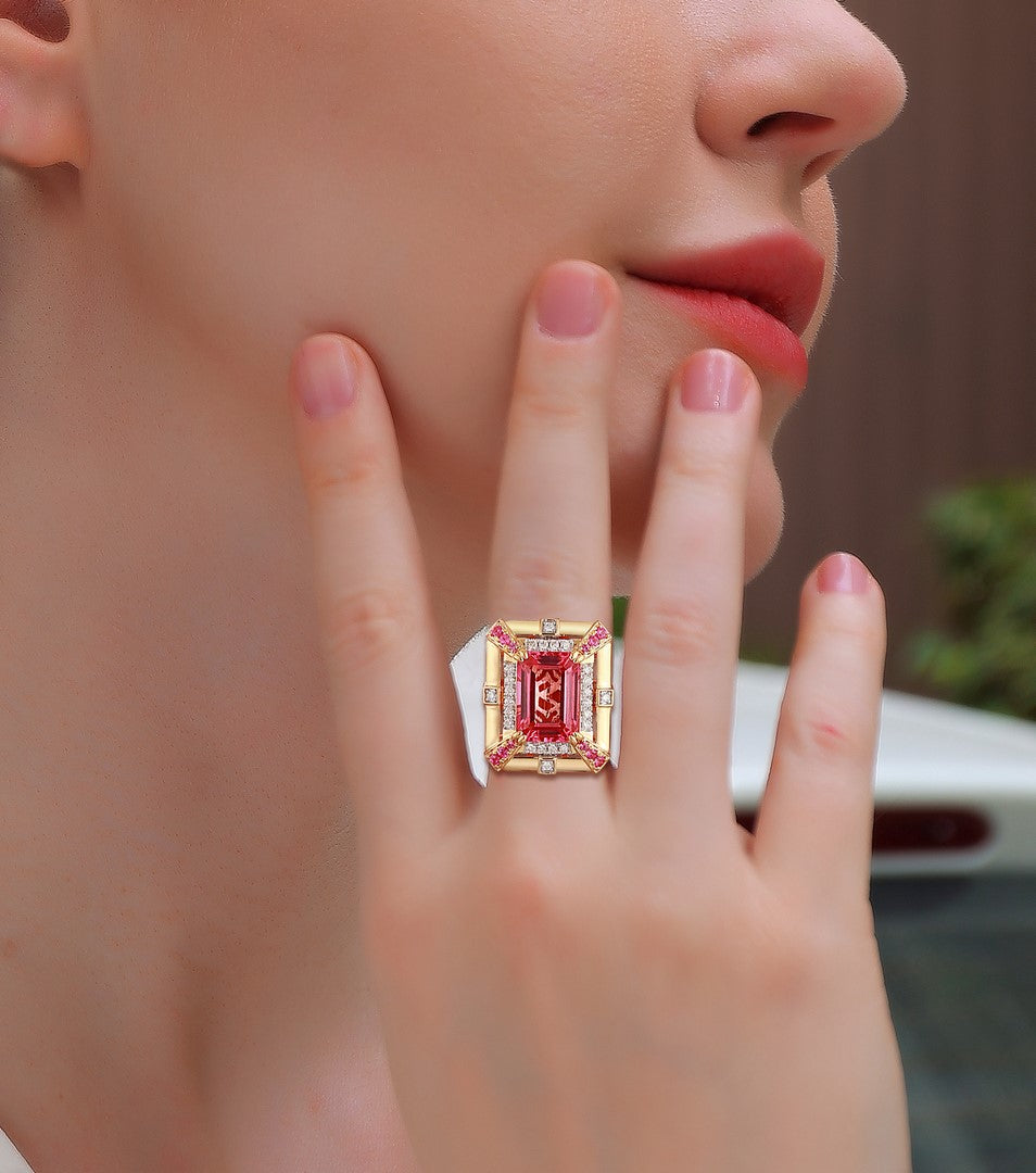 18K Yellow Gold 8.65 CT Pink Tourmaline, Pink Sapphire & Diamond Statement Ring