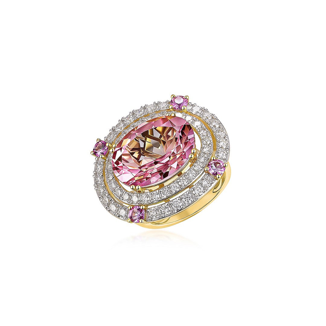 14K Yellow Gold 10.15 CT Pink Tourmaline & Diamond Halo Ring