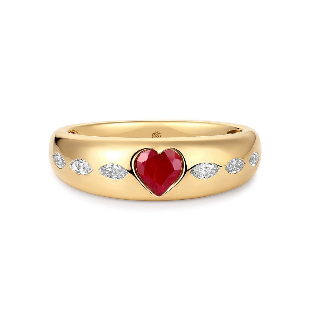 14K Yellow Gold 0.35 CT Heart Ruby & 0.30 CTW Marquise Diamond Band Ring