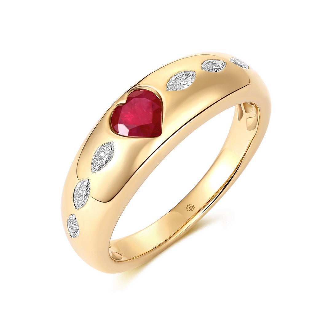 14K Yellow Gold 0.35 CT Heart Ruby & 0.30 CTW Marquise Diamond Band Ring