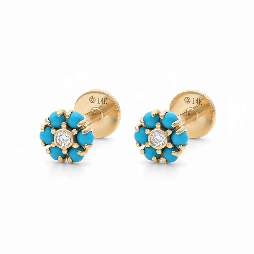 Turquoise & Diamond Screw Flat Back Earrings