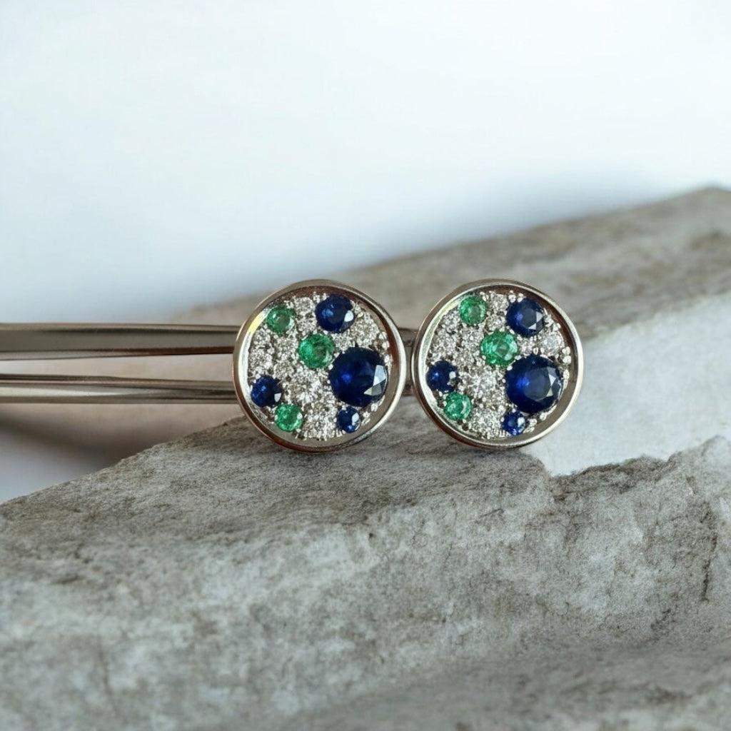 14kwg Round Sapphire Emerald & Diamond Earrings