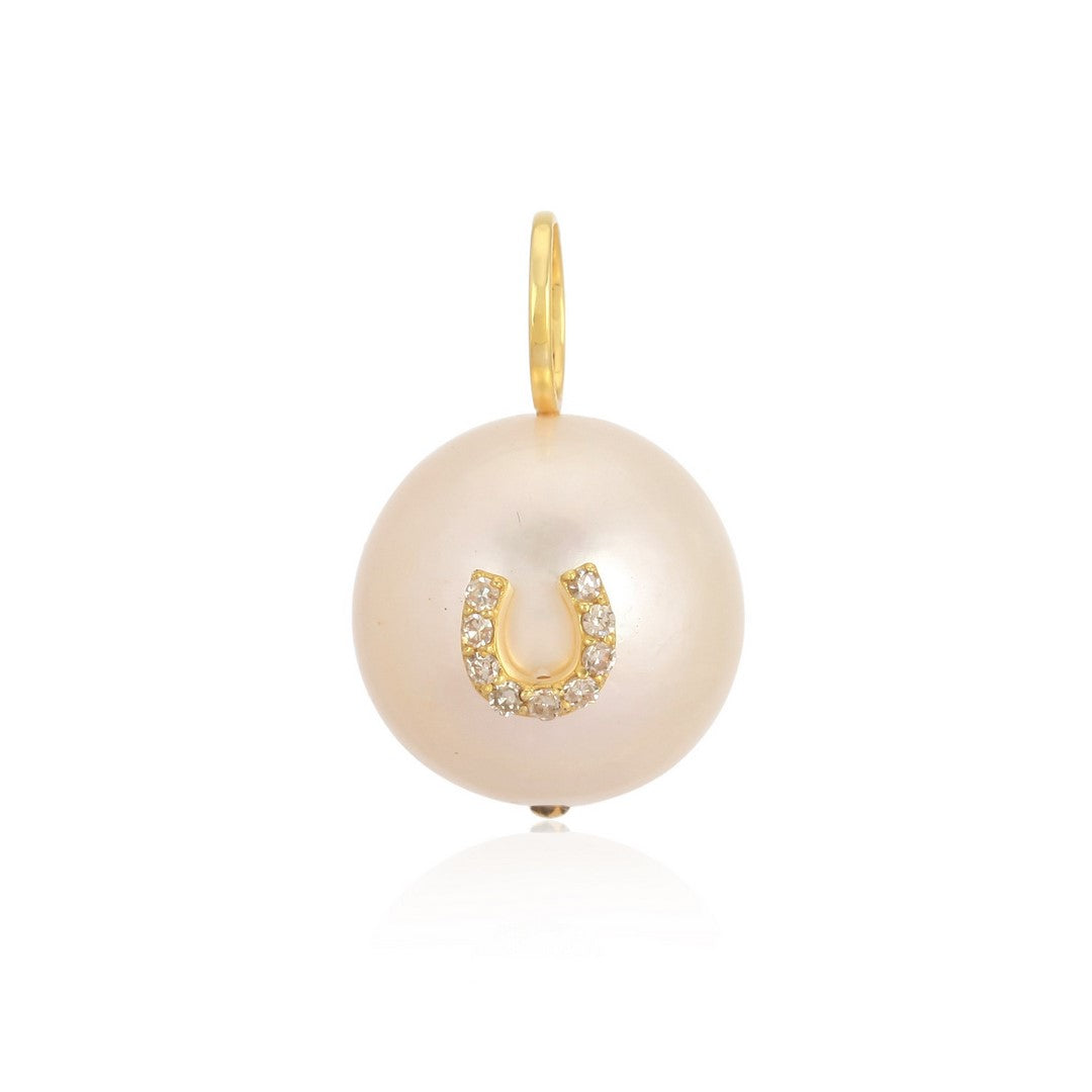 14K Yellow Gold Pearl Horseshoe Pendant – 0.07 CTW Diamond Accent