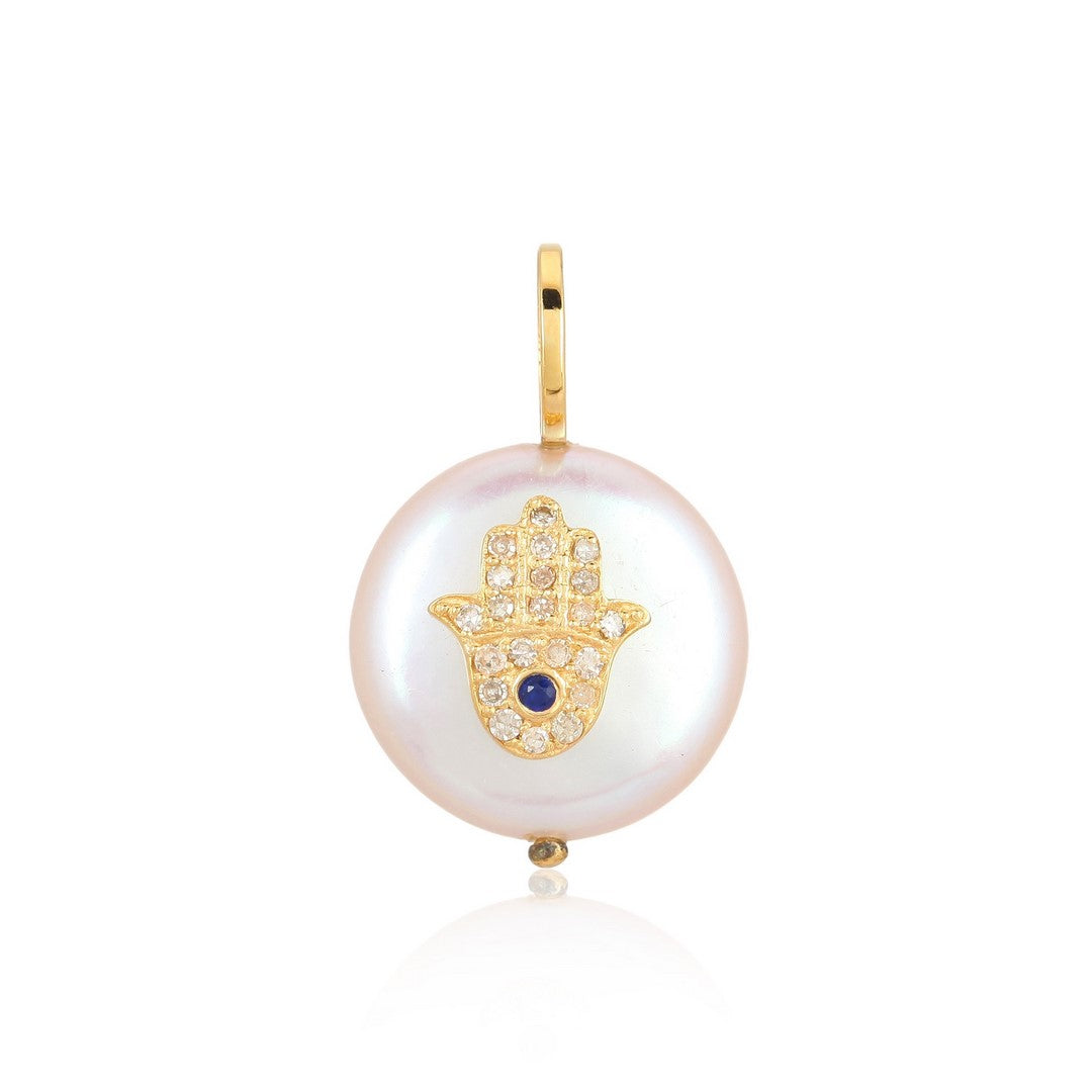 14K Yellow Gold Hamsa Hand Pearl Pendant with Diamonds & Sapphire