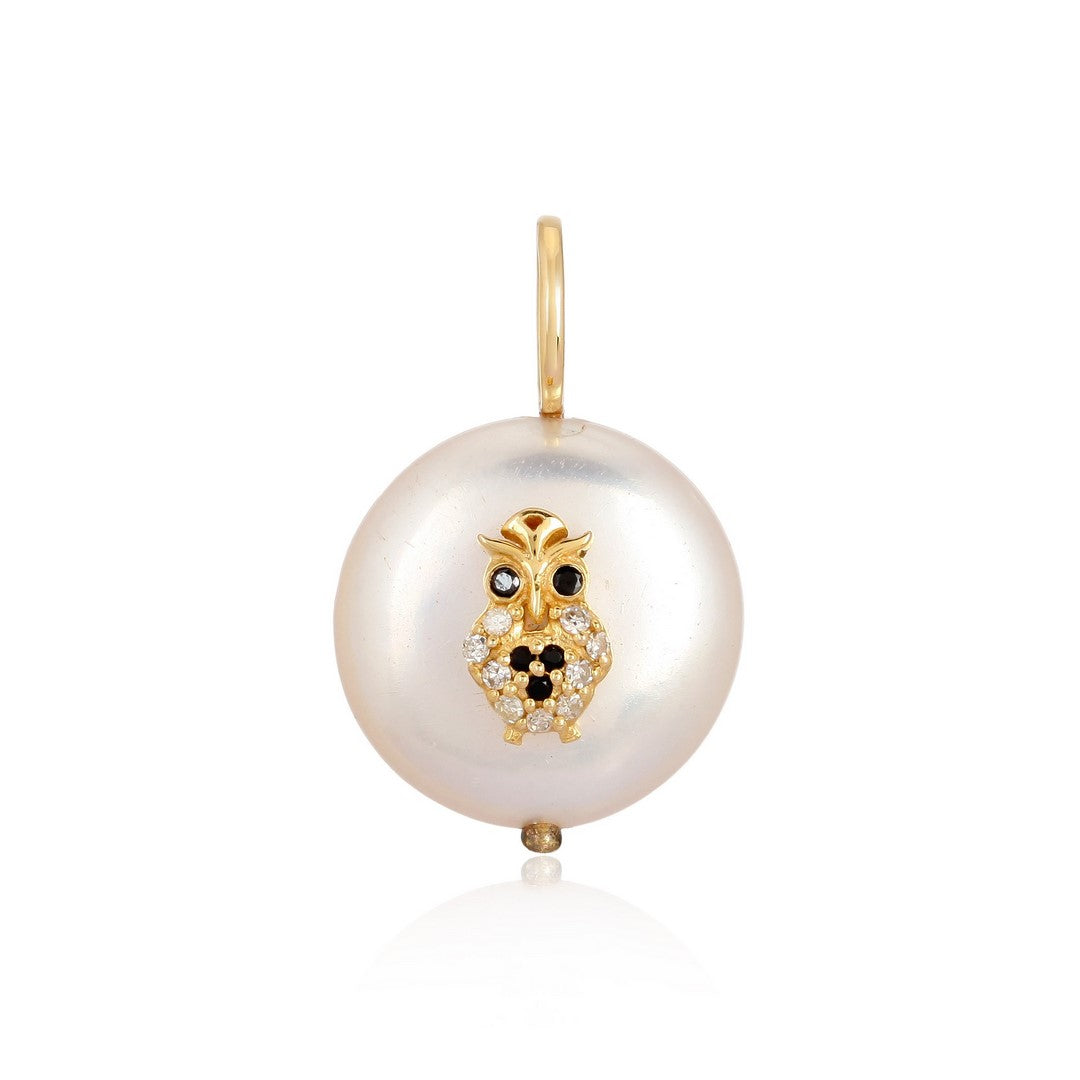 14K Yellow Gold Pearl Owl Pendant – 0.05 CTW Diamond Accent