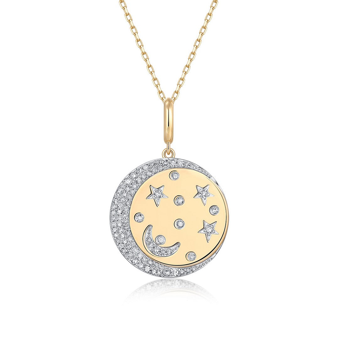 14K Yellow Gold 0.50 CTW Diamond Moon & Star Disc Pendant