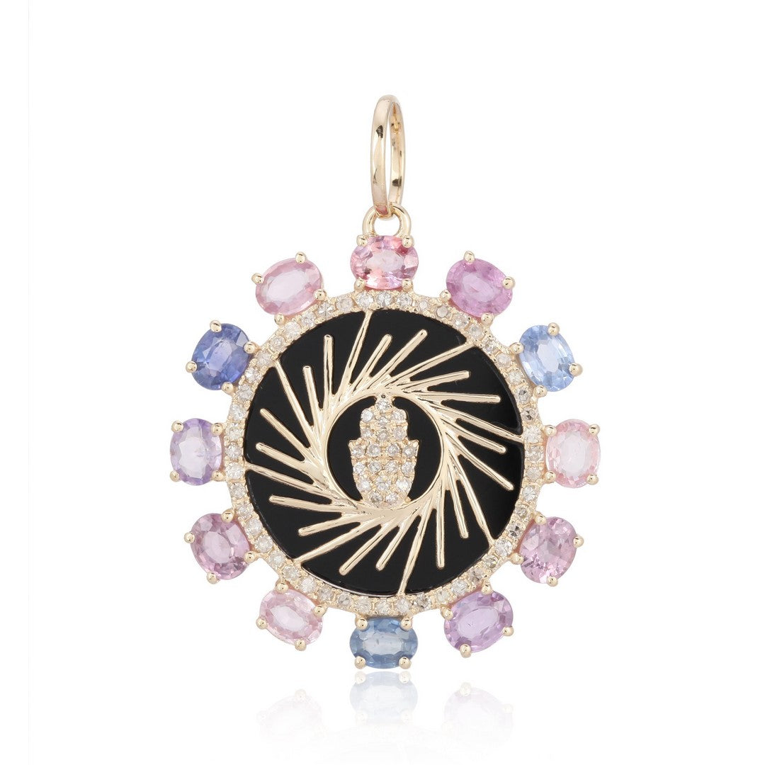 Pastel Sapphire Sunburst Medallion Pendant with Diamond Halo in 14K Gold