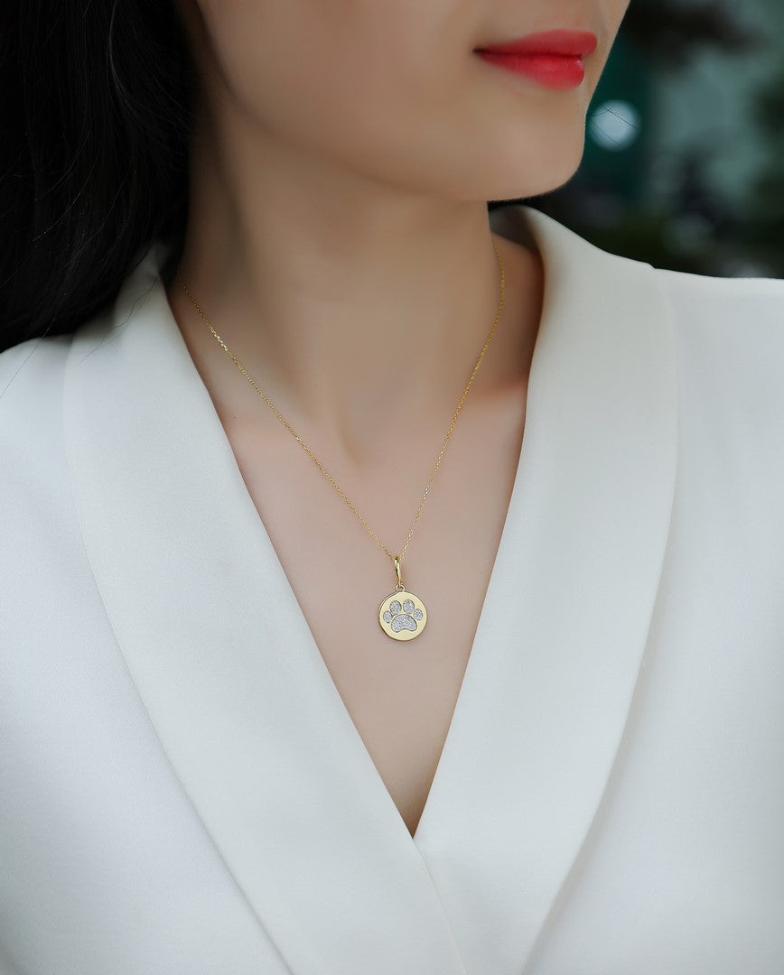 Paw Print Diamond Medallion Pendant in 14K Yellow Gold
