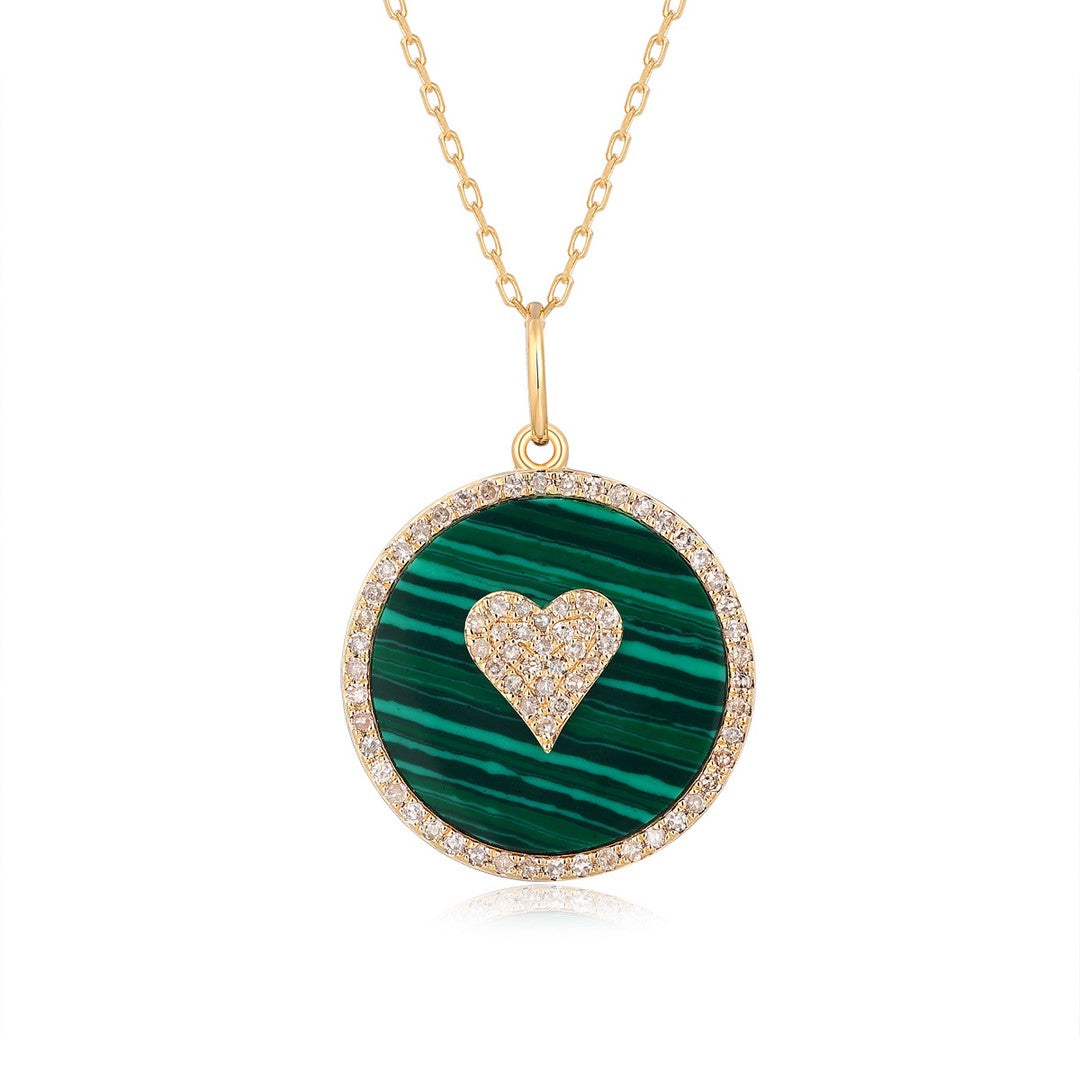 Malachite & Diamond Halo Pendant in 14K Yellow Gold