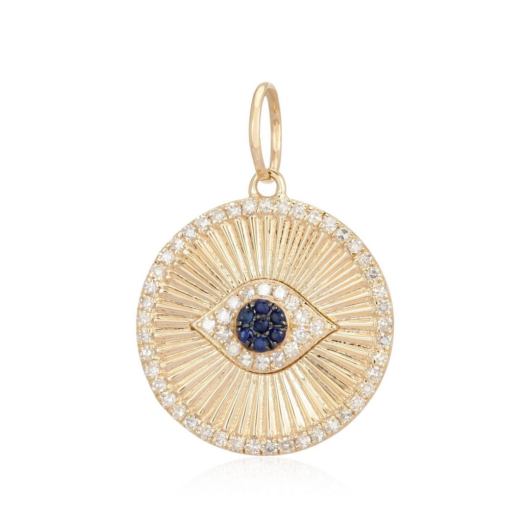 Sapphire Evil Eye Diamond Medallion Pendant in 14K Gold