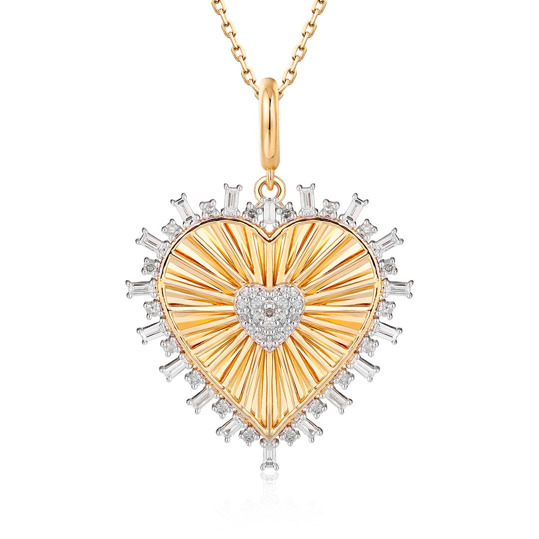 Sunburst Heart Diamond Pendant with Baguette Halo in 14K Gold
