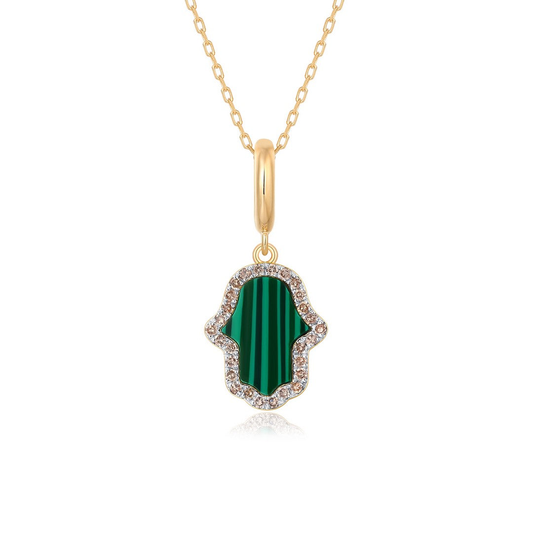 Malachite Hamsa Diamond Pendant in 14K Gold
