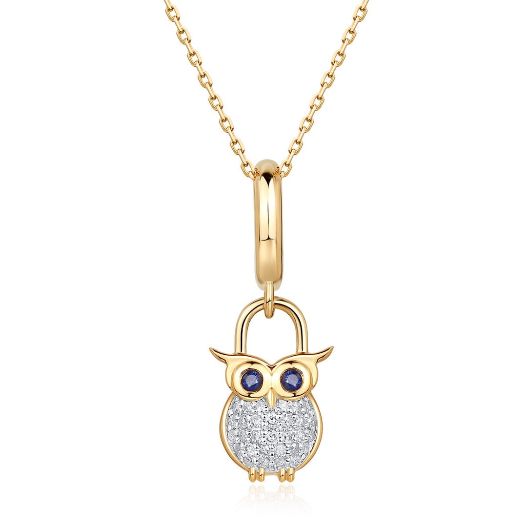 Diamond Owl Pendant with Sapphire Eyes in 14K Gold