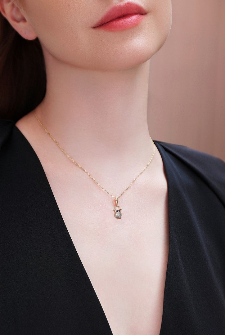 Diamond Owl Pendant with Sapphire Eyes in 14K Gold