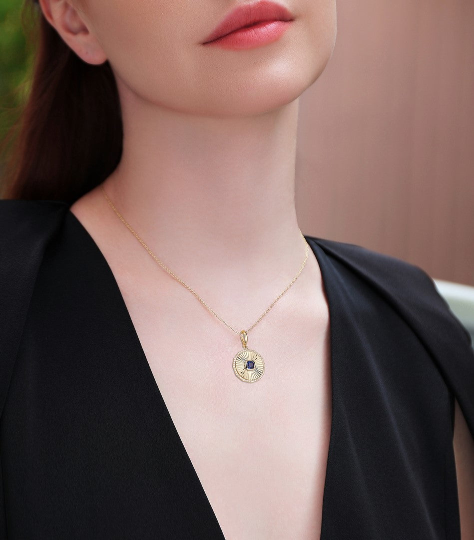 Blue Sapphire Sunburst Diamond Pendant in 14K Gold