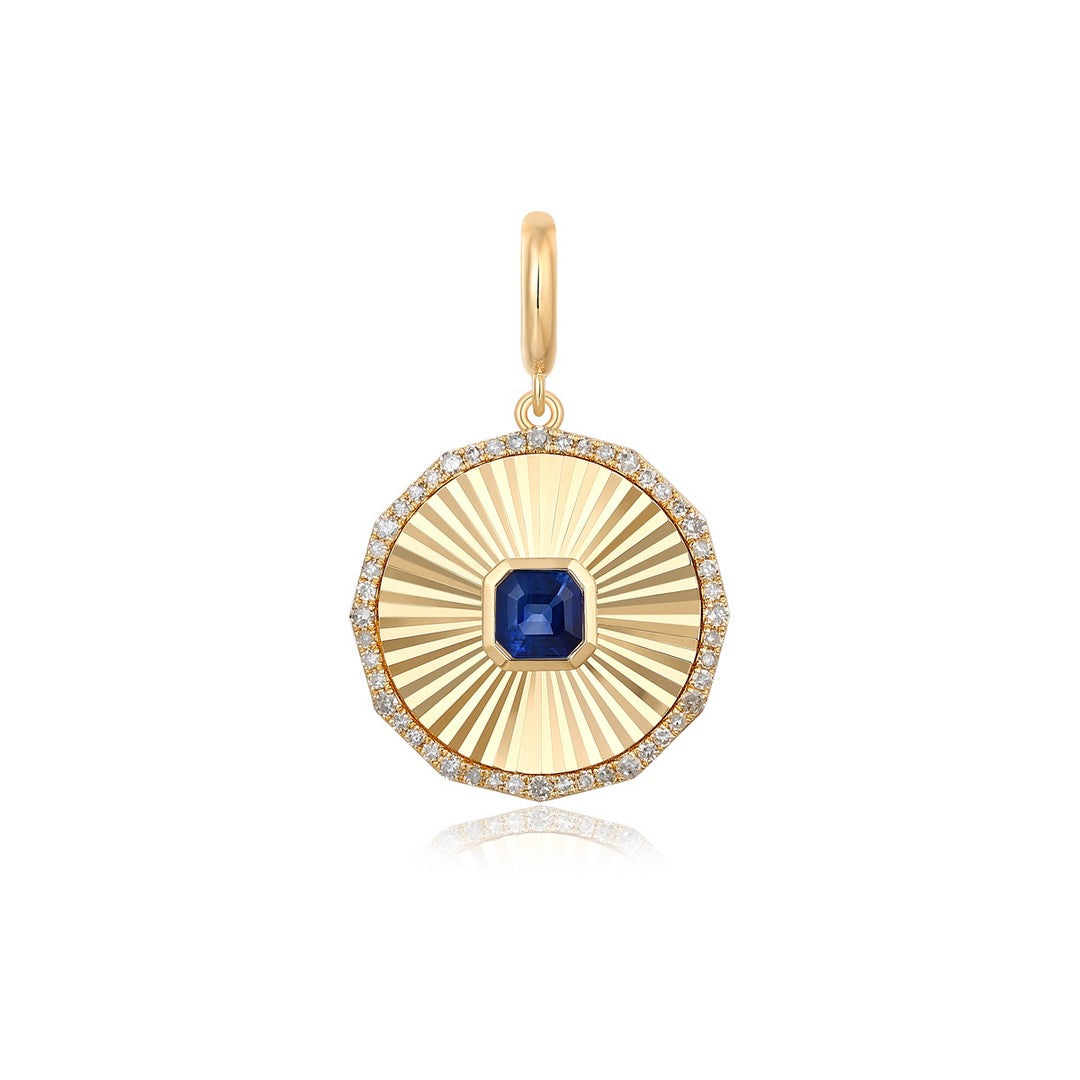 Blue Sapphire Sunburst Diamond Pendant in 14K Gold