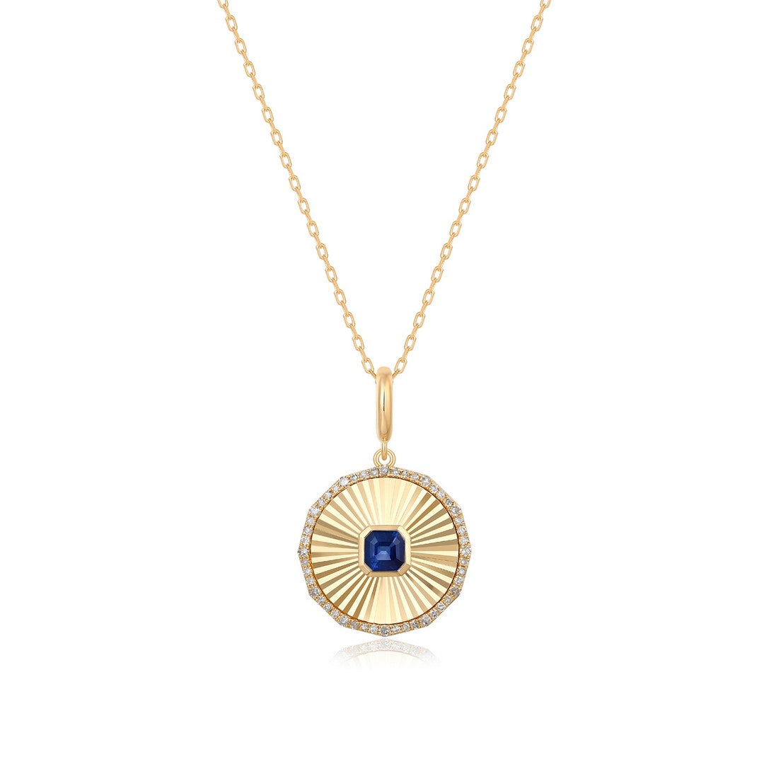 Blue Sapphire Sunburst Diamond Pendant in 14K Gold